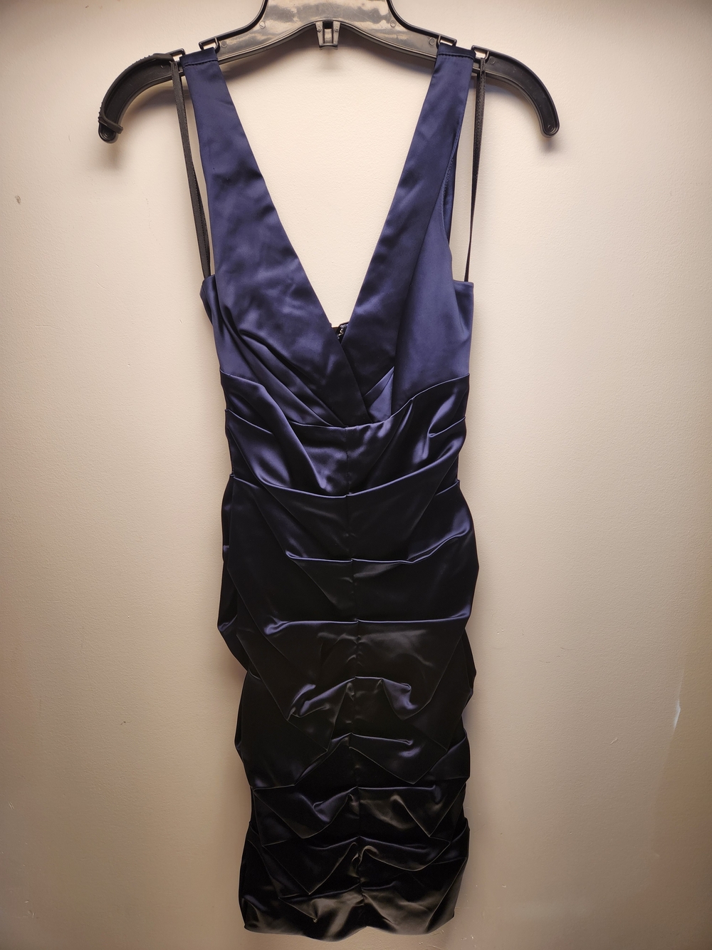 Navy Satin Plunge Ruched Midi Dress - Fall 2010 Line